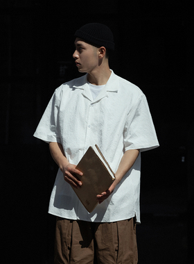 NOEARS白色古巴领微宽松衬衫男免烫抗皱夏季薄款休闲衬衣日系通勤