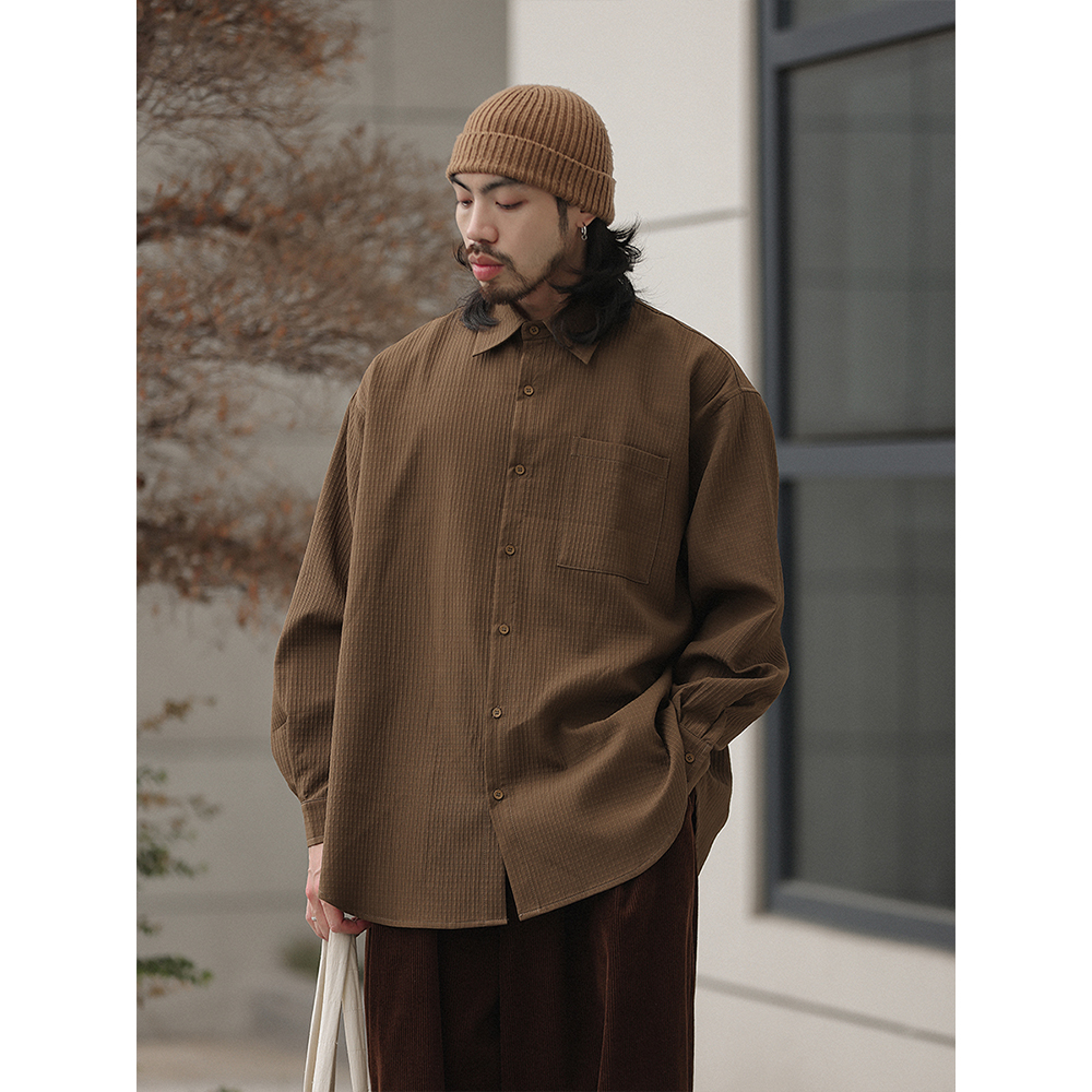 NOEARS日系复古棕色纹理长袖衬衫秋冬宽松方领叠穿休闲肌理感衬衣