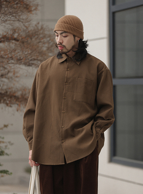NOEARS日系复古棕色纹理长袖衬衫秋冬宽松方领叠穿休闲肌理感衬衣