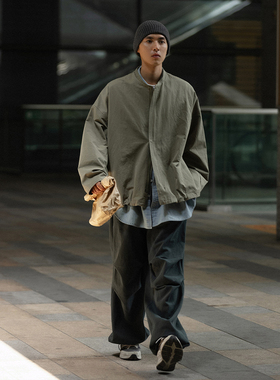 NOEARS复古水洗日系军绿色立领拉链行政夹克外套男宽松薄工装上衣