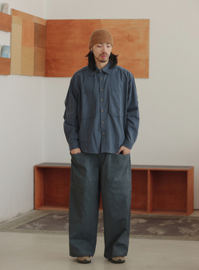 NOEARS日系复古藏蓝色鲨鱼褶天丝棉衬衫春秋宽松休闲落肩方领衬衣