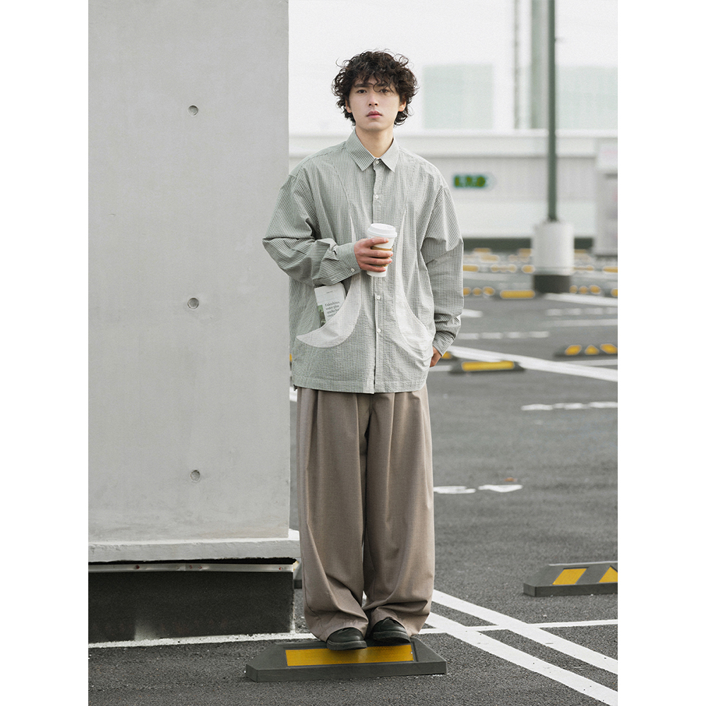 泡泡纱长袖衬衫翻领撞色拼接