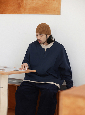 NOEARS春季复古藏青色拼接圆领长袖卫衣日系宽松套头假两件上衣