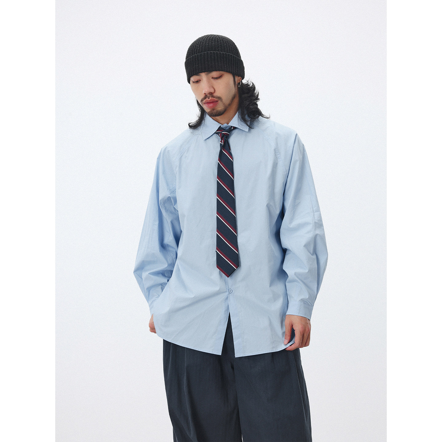 NOEARS秋季cityboy蓝色宽松翻领长袖衬衫日系少年感基础休闲衬衣