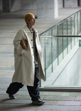 NOEARS长款白色日系风衣男过膝宽松防风pu皮衣外套翻领春秋薄款潮