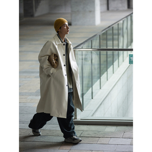 NOEARS长款 潮 白色日系风衣男过膝宽松防风pu皮衣外套翻领春秋薄款