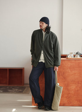 NOEARS春秋灰绿色宽松落肩袖棒球领双拉链夹克日系复古摇粒绒外套