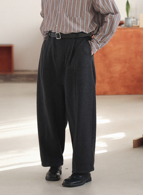 NOEARS灰色毛呢加厚垂感休闲长裤低裆宽松阔腿锥形裤冬季休闲裤子