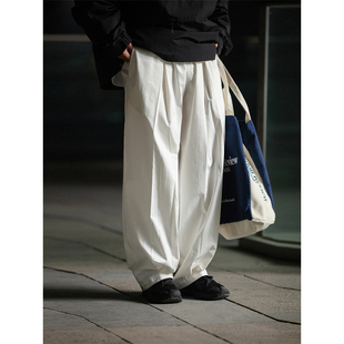 NOEARS白色工装松紧腰抽绳长裤子男秋冬宽松阔腿cityboy机能休闲