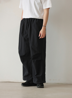 NOEARS美式复古黑色直筒宽松工装休闲裤春夏褶皱抽绳束脚运动裤