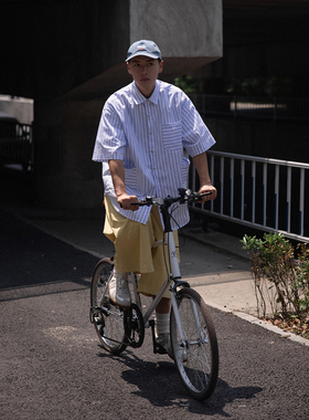 NOEARS浅蓝色条纹衬衫男日系复古多口袋Cityboy抗皱微弹衬衣通勤