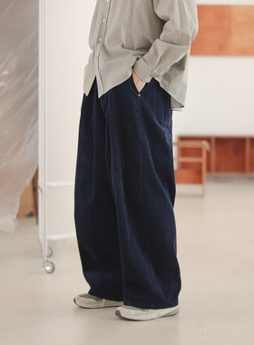 NOEARS春秋直筒宽松藏青色松紧腰灯芯绒长裤日系复古设计感休闲裤