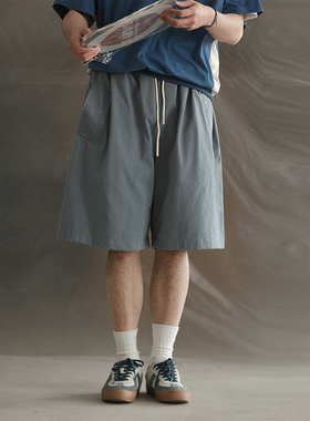 NOEARS日系复古蓝色松紧腰抽绳宽松设计感cityboy大口袋直筒短裤