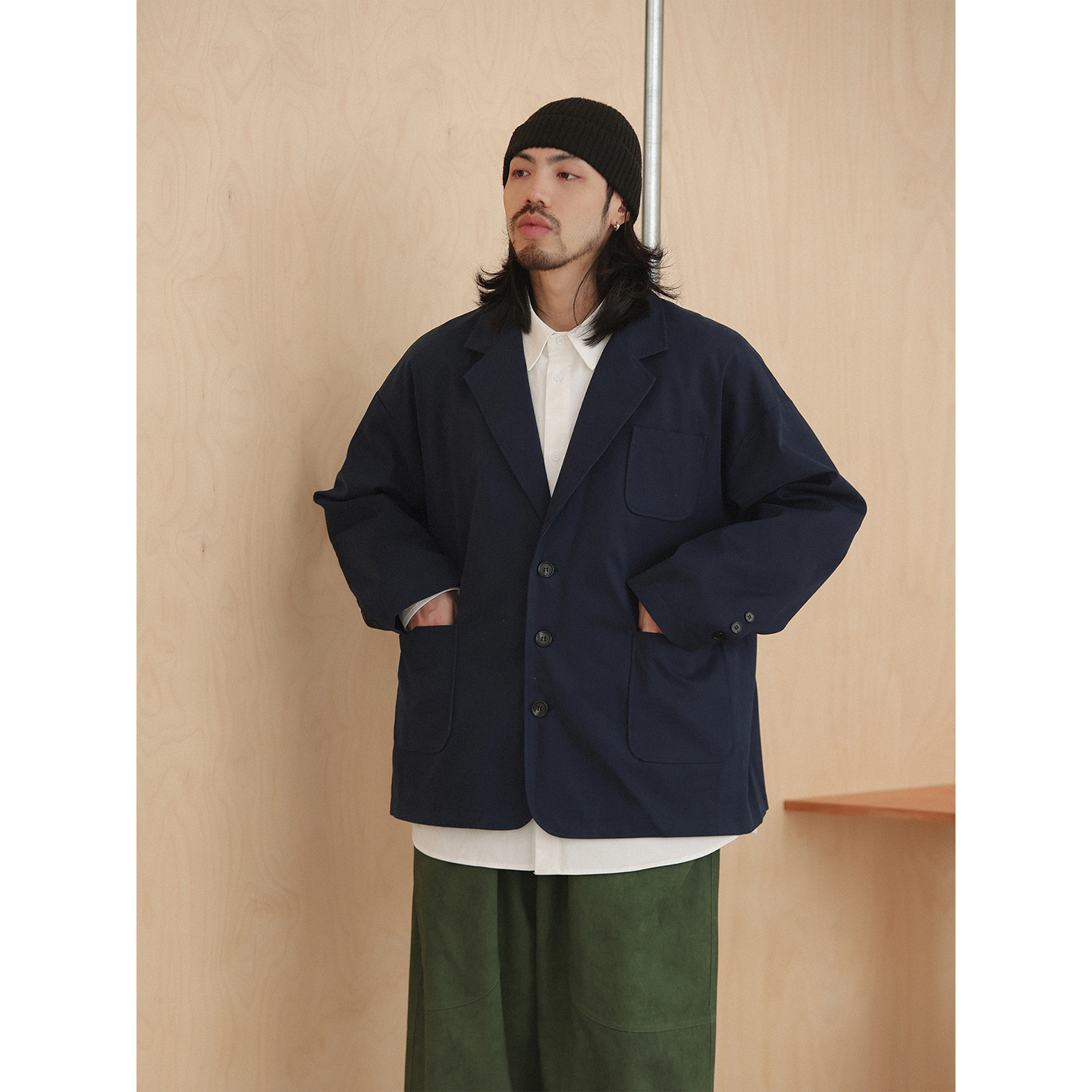 NOEARS日系cityboy藏青色宽松痞帅西装外套秋季复古单排扣外套