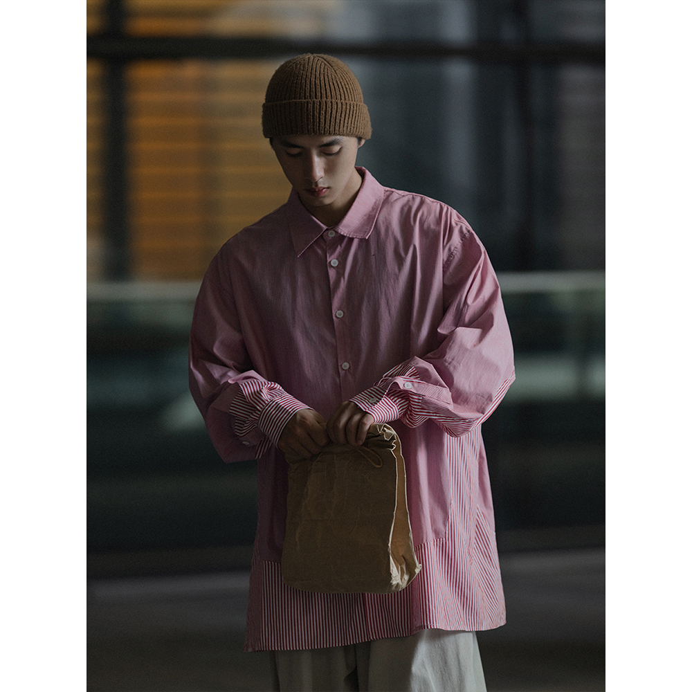 拼接长袖衬衫翻领日系复古