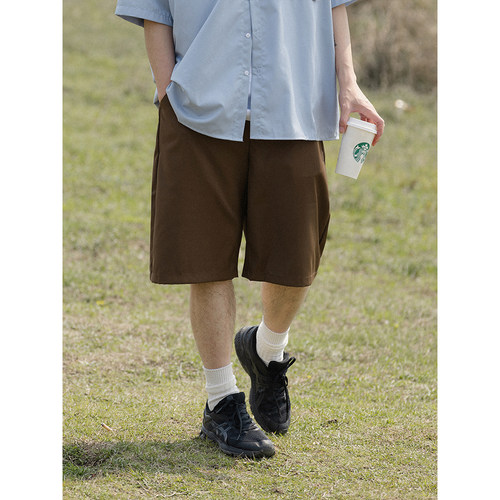 NOEARS春夏日系复古咖色宽松五分休闲裤cityboy直筒宽松短裤男