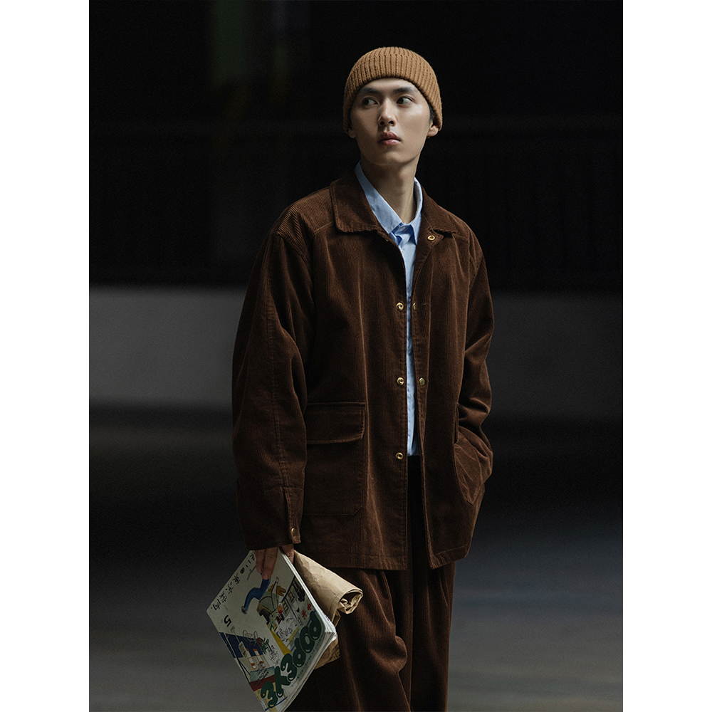 撞色纽扣灯芯绒夹克翻领宽松