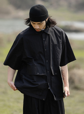 NOEARS黑色复古多口袋衬衫工装短袖宽松日系痞帅衬衣薄款上衣夏