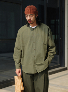 NOEARS日系复古绿色长袖无领宽松衬衫春秋基础款叠穿cityboy衬衣