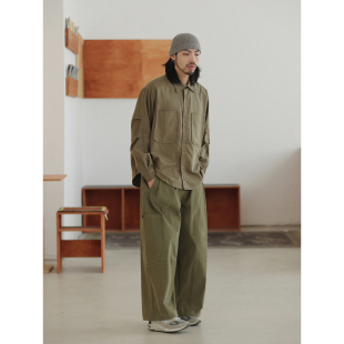 NOEARS春秋军绿色鲨鱼褶天丝棉长袖 日系复古cityboy宽松衬衣 衬衫