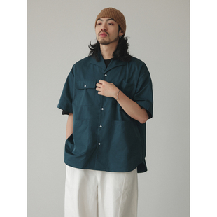 NOEARS夏季孔雀蓝宽松落肩袖叠穿休闲衬衫日系复古少年感通勤衬衣