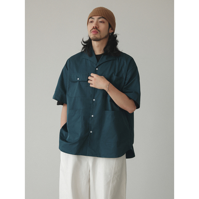 NOEARS夏季孔雀蓝宽松落肩袖叠穿休闲衬衫日系复古少年感通勤衬衣