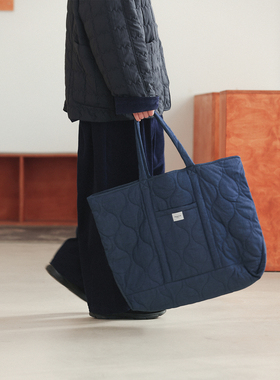 NOEARS日系菱格绗棉藏青色手提包复古腋下托特手提包包大容量男女