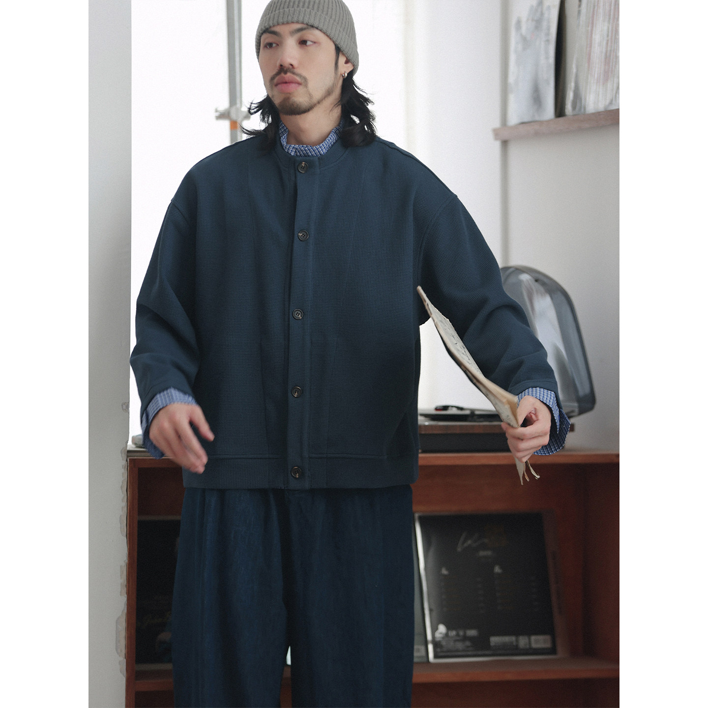 NOEARS衬衫领假两件秋冬宽松外套