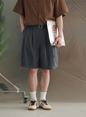 NOEARS日系松紧腰设计灰色宽松直筒西装短裤春夏复古通勤五分裤