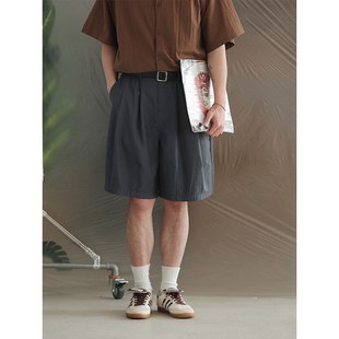春夏复古通勤五分裤 NOEARS日系松紧腰设计灰色宽松直筒西装 短裤