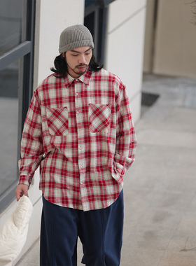 NOEARS日系复古水洗棉红色格纹长袖宽松衬衫秋冬休闲叠穿落肩衬衣