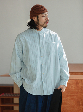 NOEARS日系复古浅蓝色无领条纹宽松长袖衬衫春季休闲落肩通勤衬衣