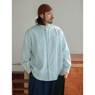 休闲落肩通勤衬衣 春季 NOEARS日系复古浅蓝色无领条纹宽松长袖 衬衫