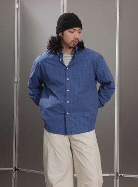 NOEARS日系蓝色格子复古风宽松翻领长袖衬衫春季痞帅休闲格纹衬衣