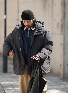 NOEARS日系户外黑灰色宽松棉衣中长款冬季防寒服连帽外套加厚防风