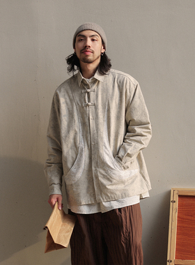 NOEARS春秋中式国风盘扣撞色拼接设计感长袖衬衫宽松纹理休闲衬衣