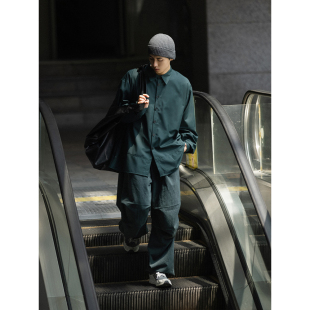 NOEARS复古墨绿免烫抗皱分割拼接衬衫 宽松廓形衬衣日系通勤 男长袖