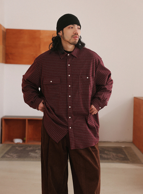 NOEARS春季红色格子长袖复古风宽松翻领衬衫格纹落肩袖贴袋衬衣