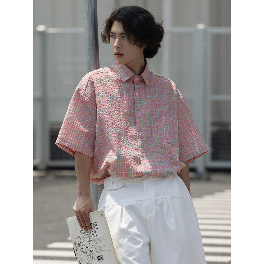 NOEARS夏季薄款橘粉色cityboy格子衬衫男日系短袖方领宽松衬衣男