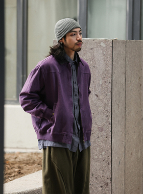 NOEARS复古底特律紫色翻领短款夹克春秋cleanfit休闲纯色拼接外套