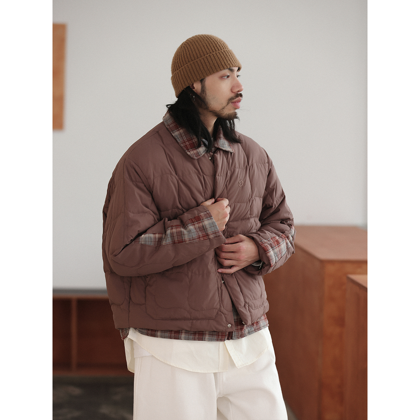 NOEARS日系红棕色设计感假两件拼接彩格领绗线羽绒服冬季撞色外套