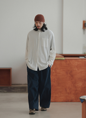 NOEARS日系白色竖条宽松落肩长袖衬衫春秋复古叠穿情侣条纹衬衣