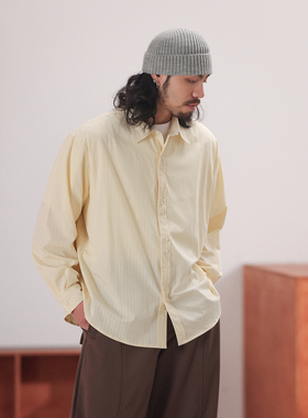 NOEARS日系奶黄色复古cityboy翻领宽松条纹春季休闲长袖衬衫薄款