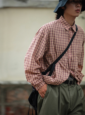 NOEARS日系红色vintage格子衬衫长袖薄款肌理cityboy宽松休闲衬衣