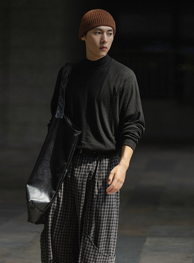 NOEARS黑色半高领长袖针织微宽松T恤男秋冬内搭打底衫日系基础款