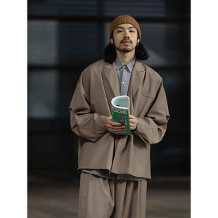 NOEARS复古日系奶茶色宽松休闲西装 双排扣高级垂感cleanfit外套