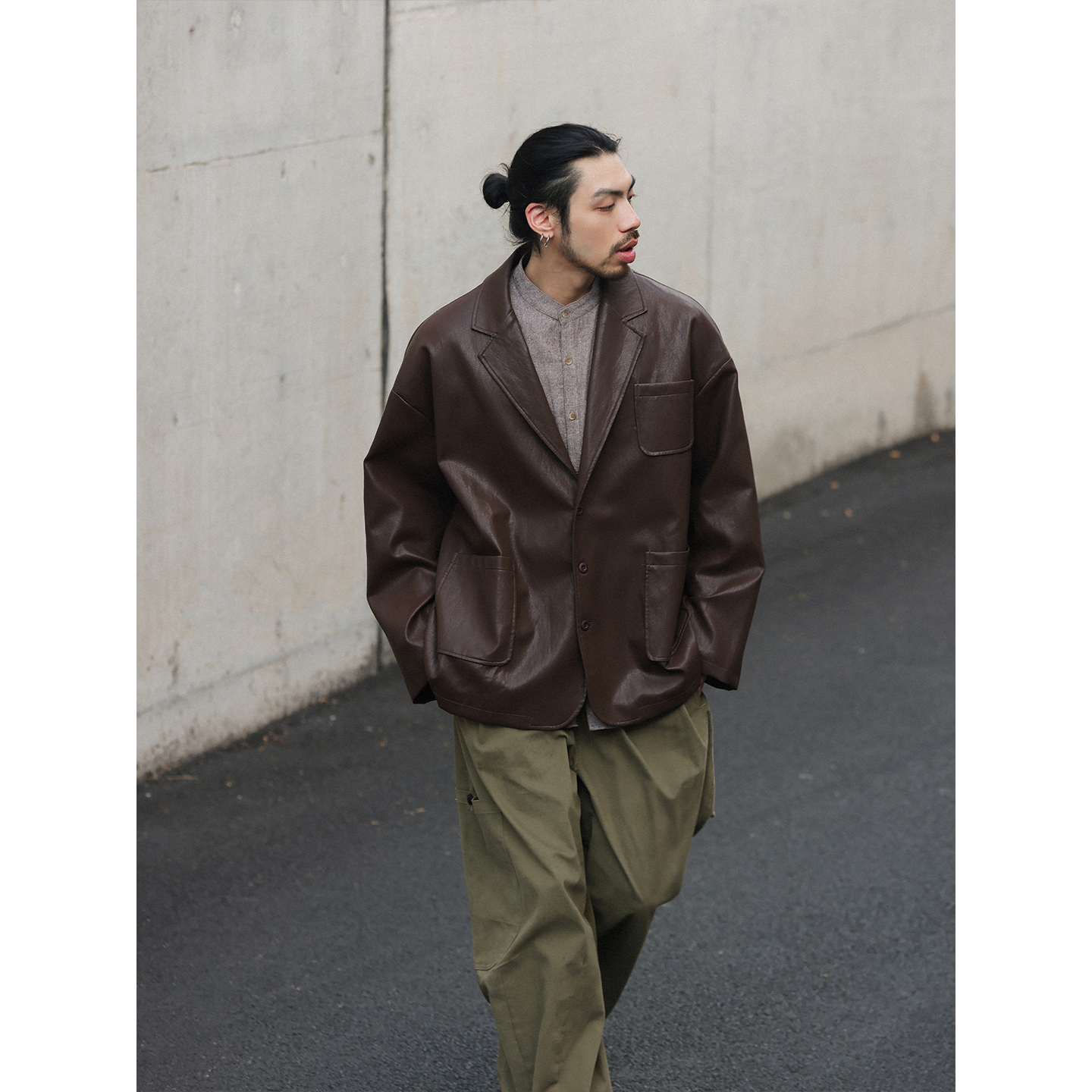 NOEARS美式复古cityboy咖色PU宽松皮衣秋季痞帅休闲落肩夹克外套