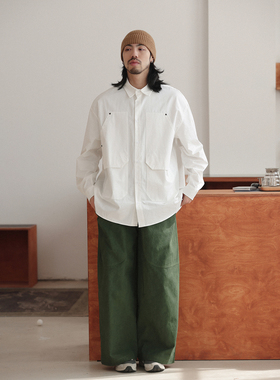 NOEARS日系复古白色工装铆钉长袖贴袋衬衫春秋大口袋宽松方领衬衣