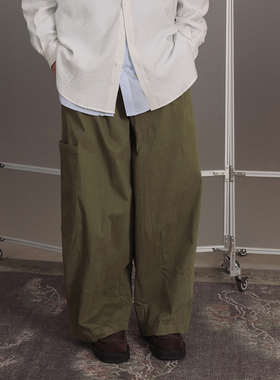 NOEARS春季复古设计感侧边口袋绿色磨毛长裤日系大口袋通勤休闲裤
