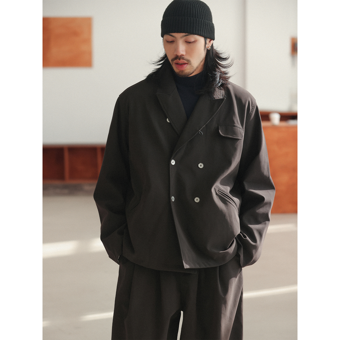 NOEARS日系棕咖色双排扣磨毛麂皮绒外套秋冬宽松休闲痞帅西装外套